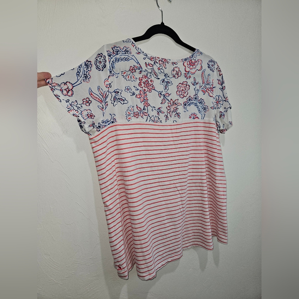 Joules Floral Stripe Short Sleeve Shirt Top Blouse Pink White Blue Women's 14 - Picture 8 of 12